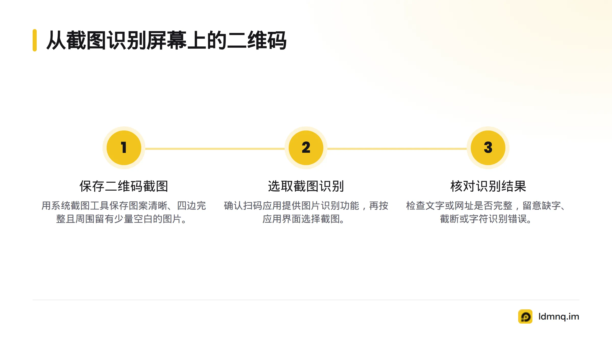 先保存包含完整二维码边缘的清晰截图,再确认应用支持图片识别并选取截图,最后检查识别出的文字或网址是否完整。